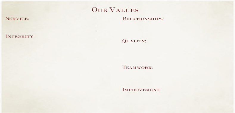 Mable Insurance Agency Values: Service, Integrity, Relationships, Quality, Teamwork, Improvement